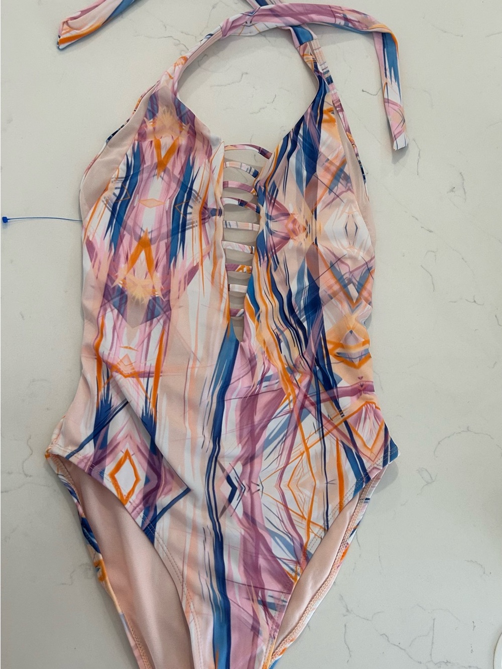 HEAT Pink Multi-Stripe Halter One-Piece Swimsuit Front Ladder Detail and Mesh S